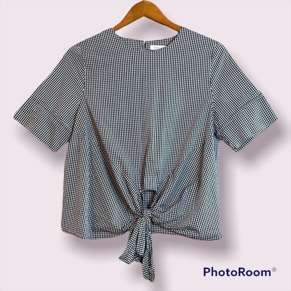 BISHOP + YOUNG Black & White Gingham Tie Front Short Sleeve Blouse - Picture 1 of 10